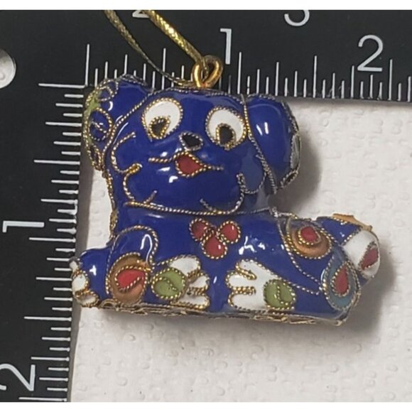 Cloisonné Enamel Blue Dog Ornament With Gold Accents & Floral Pattern - Picture 8 of 8
